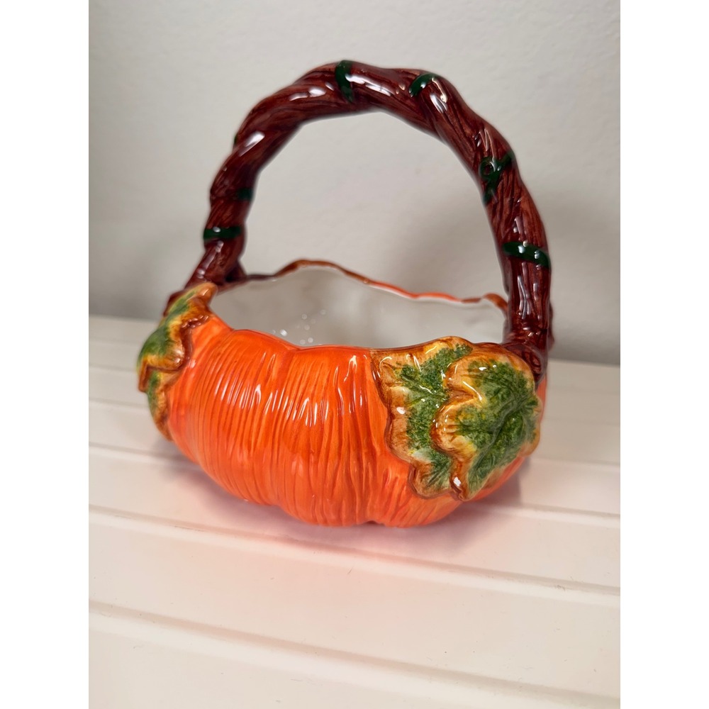 WCL Ceramic Pumpkin Basket Harvest Thanksgiving Decor Orange 7 Inch